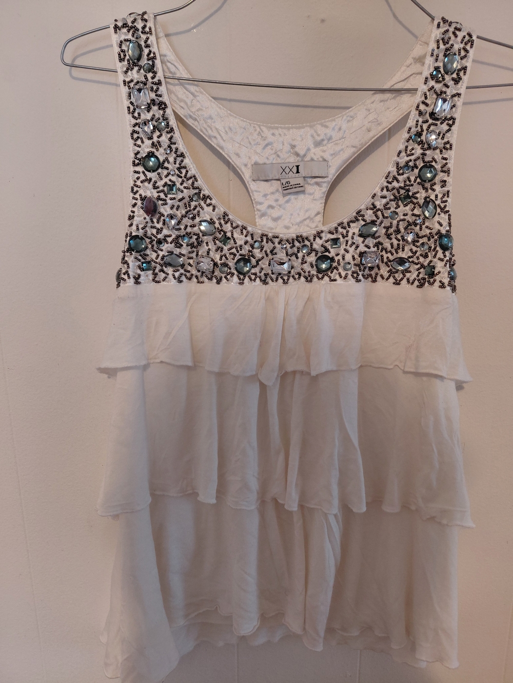 Forever 21 White Embellished Ruffle Tank Top